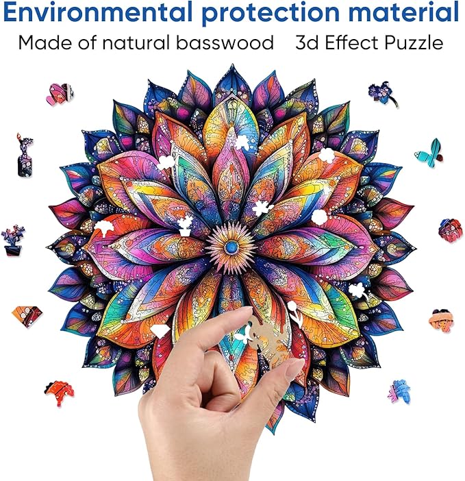 Wooden Puzzle Geometric Colorful Mandala-500 Pieces Round Blue Board Colorful Mandala Jigsaw Puzzle Royal Unique Shape Puzzles, Irregular Puzzle Creative Gift for Adults(16.7 * 16.5 in)