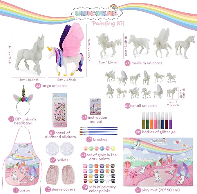BONNYCO Unicorns Gifts for Girls Painting Kit with 18 Figurines Painting for Kids with Glow in The Dark | Girl Toys 3 4 5 6 7 8 9 10 Years Crafts Kids Gifts Birthday Christmas | Unicorn Toys Niรฑas