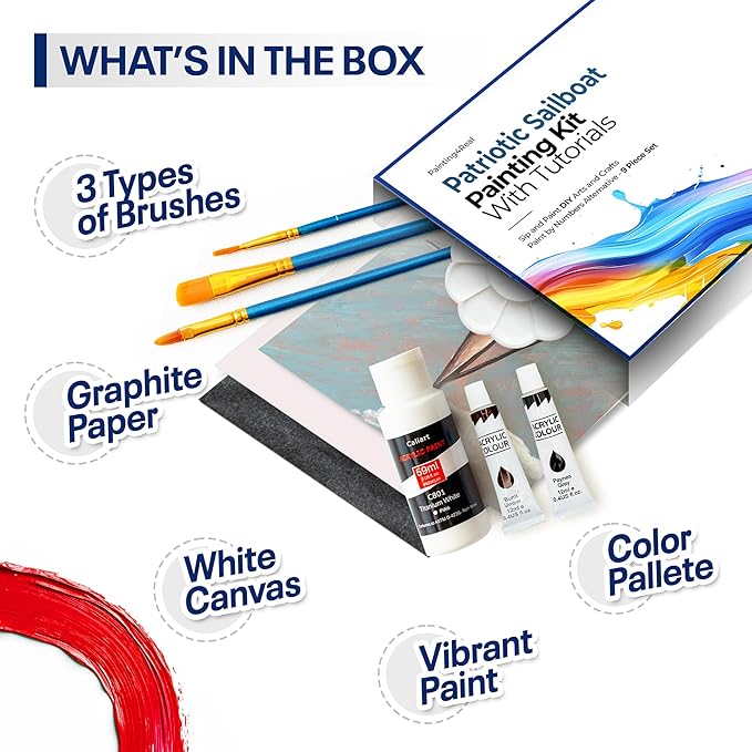 Painting4Real DIY Painting Class Kit for Adults: Learn to Paint Patriotic Sailboat with Video Tutorials – Art Decoration for Independence Day – Hang This Picture/Art as Wall Decor Once Completed