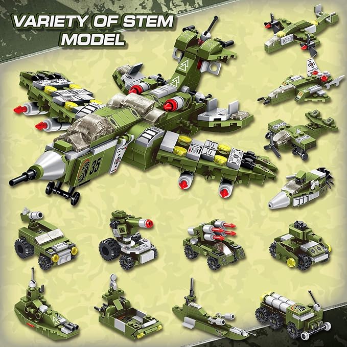 STEM Building Block Toys, 576PCS Military Engineering Building Bricks Toy for Kids, 25-in-1 Army Destroyer Fighter Tank Playset Construction Kits, Idea Toy Gifts for Age 6 7 8 9 10+ Years Old