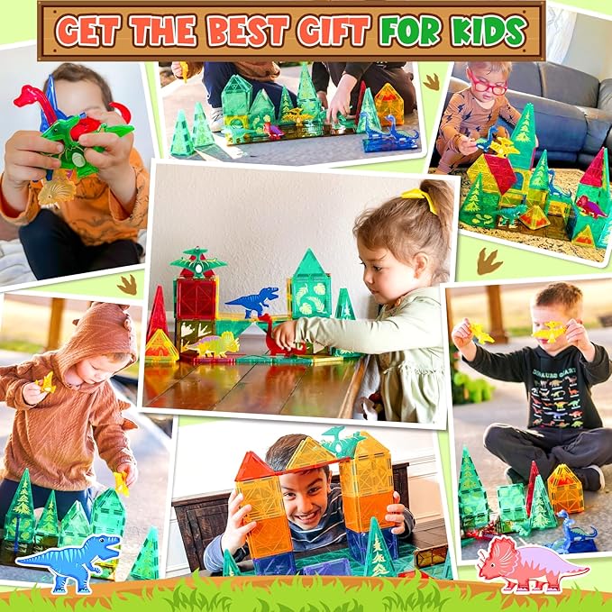 Coodoo Dinosaur Toys Magnetic Tiles Jungle Dinosaur World Starter Set - Kids Games Boys Ages 3-5 4-6 Girls STEM Magnetic Blocks Preschool Sensory Creative Toddlers Kids Toys