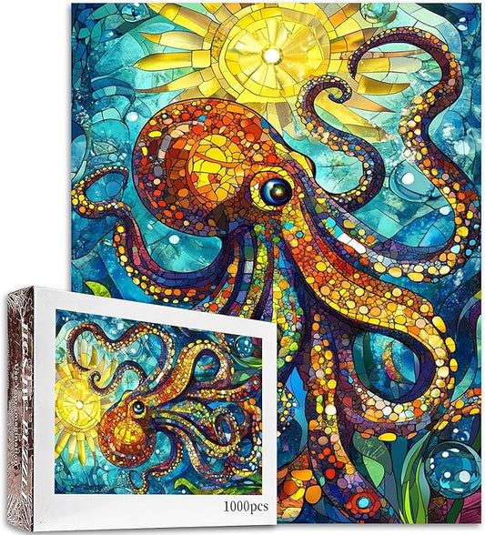 1000 Piece Jigsaw Puzzles for Adults, Stained Glass Octopus Jigsaw Puzzles,Colorful Stained Glass Sea World Octopus Puzzle,Challenging Family Activity Perfect for Game Nights,Puzzle as Wall Art Decor
