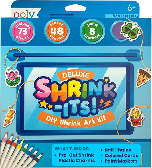Ooly Shrink-Its 74 PC DIY Shrinking Art Kit with 8 Paint Markers, Includes 48 Plastic Pre Cut Charms, 15 Colored Ball Chains and 2 Colored Cords
