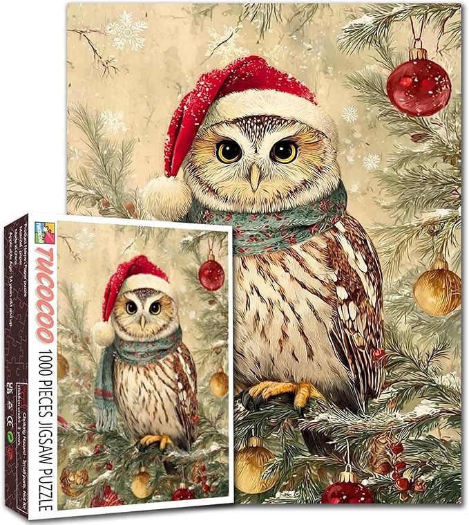 Christmas Animal 1000 Piece Jigsaw Puzzles for Adults Owl Wearring Christmas Hat Painting Jigsaw Puzzle 1000 Winter Wonderland Puzzles 20''x27”inch DIY Craft Puzzle Art Wall Decor Family Challenging