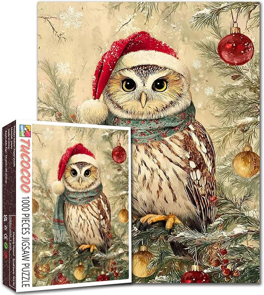 Christmas Animal 1000 Piece Jigsaw Puzzles for Adults Owl Wearring Christmas Hat Painting Jigsaw Puzzle 1000 Winter Wonderland Puzzles 20''x27”inch DIY Craft Puzzle Art Wall Decor Family Challenging