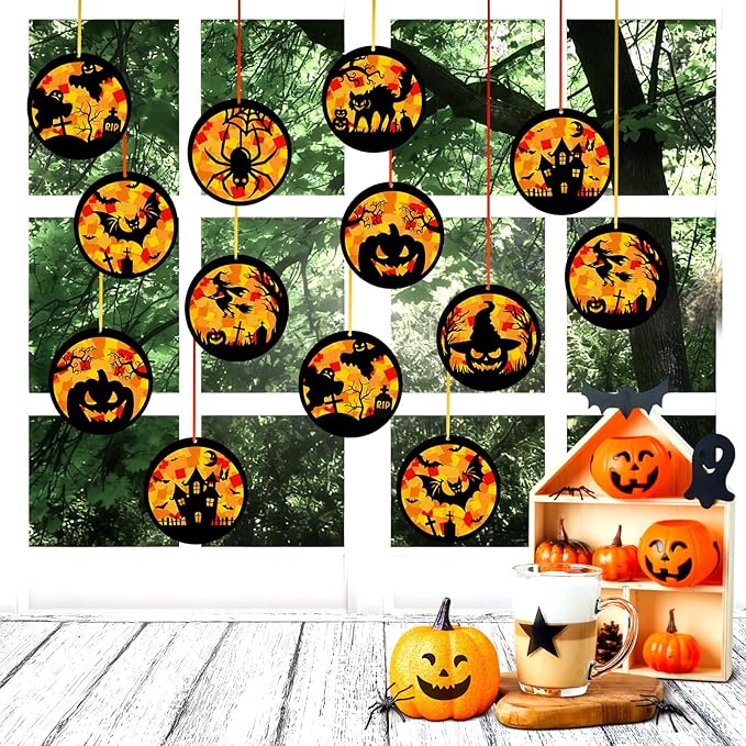 Funrous 32 Set Halloween Suncatchers Crafts Kit Orange Pumpkin Suncatcher Paper Crafts with Tissue Paper DIY Window Stained Glass Decor Hanging Ornaments for Halloween DIY Activities Party Favors