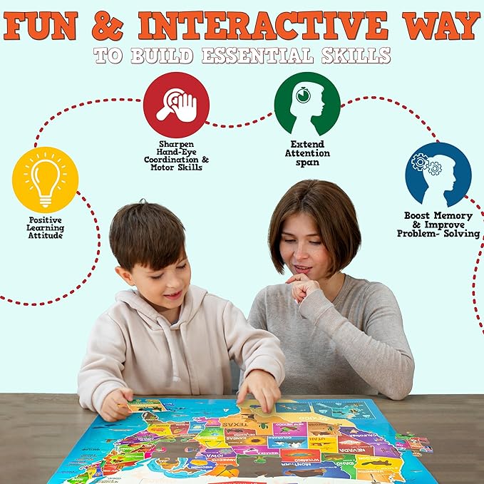 3 Pack Large Floor Puzzles for Kids Ages 3-5– Extra Thick 48 Piece Puzzles for Toddler Ages 4-8 Jumbo Jigsaw Set - Solar System, World Map, USA Map, 3 in 1 Educational Puzzle Preschool, Children