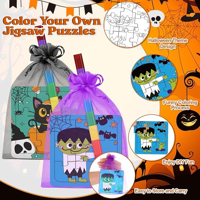 12 Sets Puzzles Color Your Own Puzzles DIY Jigsaw Crafts with 12 Stackable Crayons and 12 Bags for Learning Education Toys Gifts Prizes Birthday Party Supplies (12, Halloween)