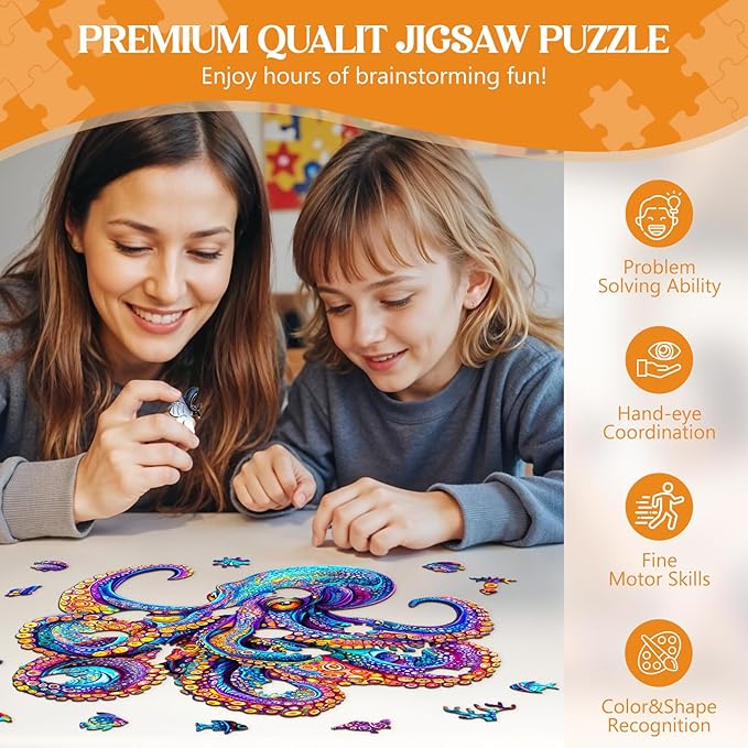 Wooden Puzzles for Adults, Wooden Jigsaw Puzzles for Adults, Wood Puzzles Adult-Colorful Octopus Unique Shaped Octopus Puzzle, Creative Birthday Gifts for Friends Family Game (13.4 * 13.3in 265pcs)