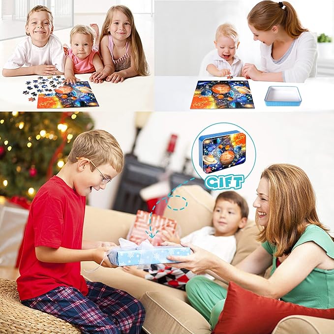 LELEMON 100 Pieces Jigsaw Puzzles for Kids Ages 4-8 Solar System Planets Jigsaw Puzzle for Kids Boys Girls Children Learning Educational Puzzles in a Metal Box Pack Toy