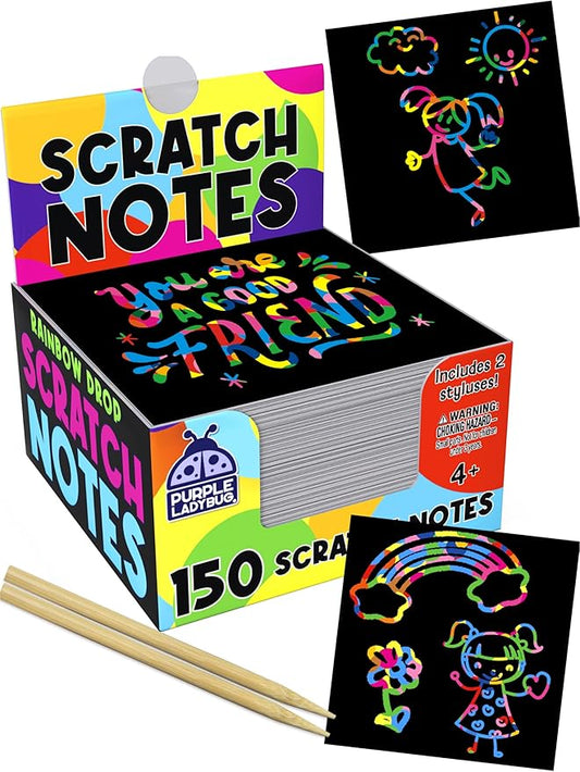 PURPLE LADYBUG 150 Rainbow Scratch Art Mini Notes - Stocking Stuffers for Kids, Arts and Crafts Supplies, Fun & Colorful Scratch Paper for Girls, Kids & Teens Gift, Classroom School Supplies