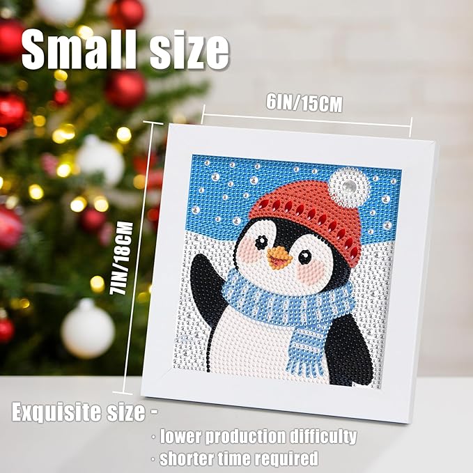 geesfayan Diamond Art Kits for Kids Ages 8-12,6 Inch DIY Gem Art Painting with 7 Inch Frame, Complete Starter Kit for Beginners, Creative Arts & Crafts Gift for Girls & Boys (Christmas Penguin)