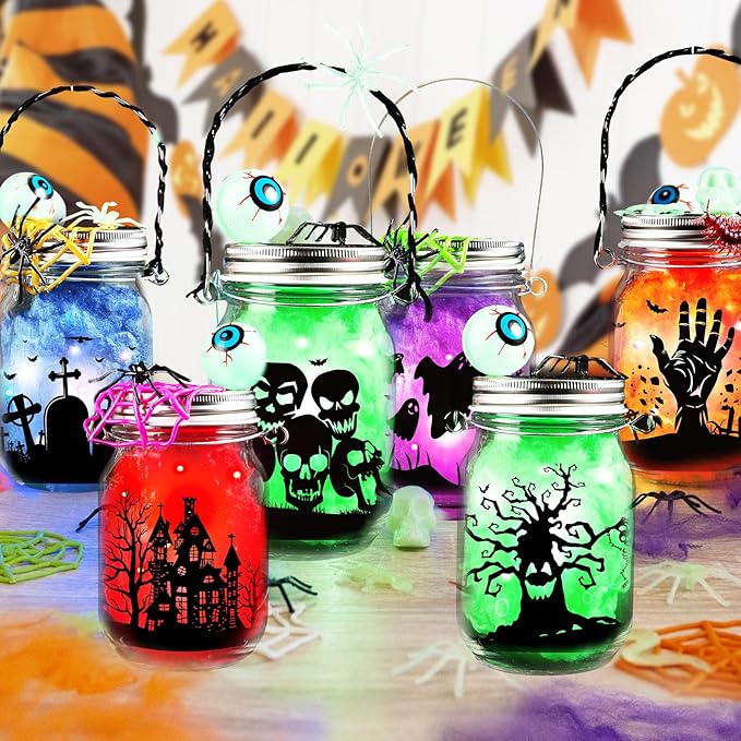 Shemira Halloween Craft Kit for Kids,8 pcs Glass Mason Jar with Accessories for DIY Lantern Jar, Halloween Art & Craft Party Supplies, Halloween Art Activities, Crafts and Arts Party Supplies