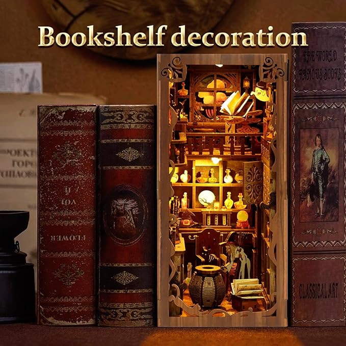 Book Nook Kit for Adult - THRIVINGIVAN Miniature Model Build Dollhouse Kit 3D Wooden Puzzle with Sensor Led Light for Bookshelf Bookend Insert Decor Adults Teen Crafts(Magic Bookstore)