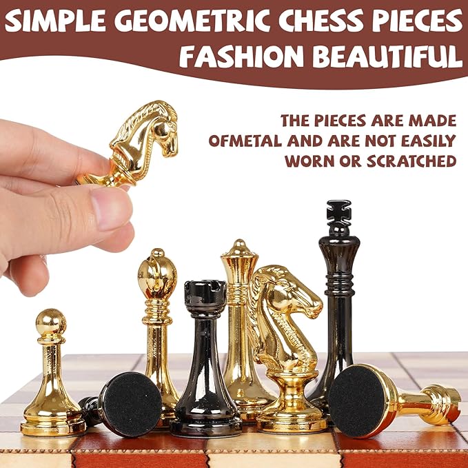 Metal Chess Set for Adults & Kids with Metal Chess Pieces –Wooden Chess Board Game with Portable Storage Case, Classic Strategy Family Board Game Gift Travel Chess Set