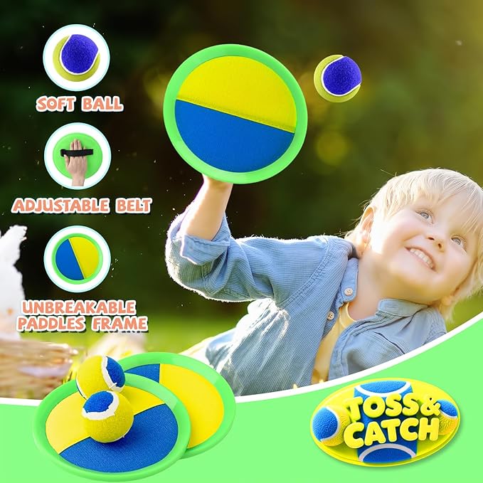 Outdoor Games - Beach Toys, Toss and Ball Set with 4 Paddles and 3 Balls, Perfect Yard Games Sets, Playground Sets for Backyards Easter Birthday for Kids/Adults/Family