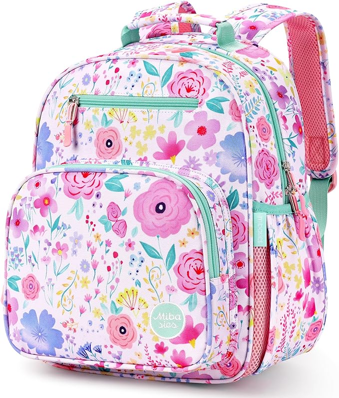 mibasies Kids Backpack for Girls: Girls Backpack 5-8 - Kindergarten Elementary School Bookbag for Girl - Flower Pink Turquoise