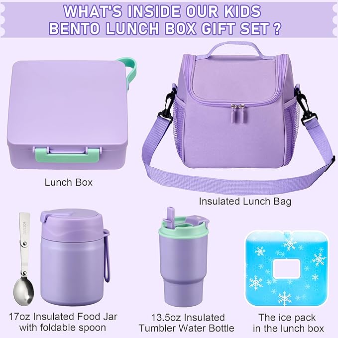 Bento Lunch Box for Kids with 17oz Soup Thermo,Insulated Tumbler Water Bottle and Insulated Lunch Bag,Leak-Proof 3 Compartment Lunch Food Container with with Ice Pack for Kids to School-Purple