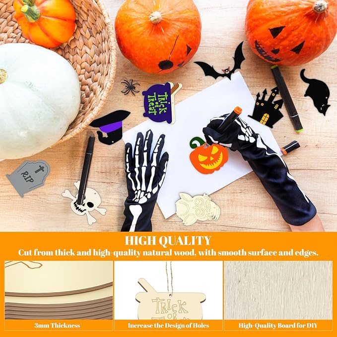 80PCS Halloween Unfinished Wooden Cutouts to Paint Halloween Decorations Hanging Ornaments Ghost Witch Pumpkin Spider Blank Shape Craft Tags