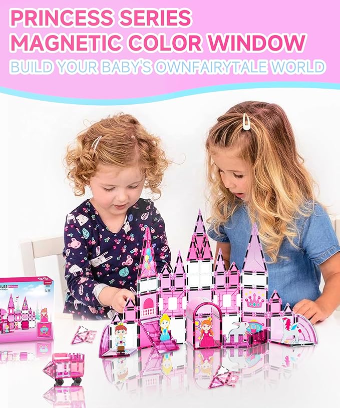 Magnetic Tiles 50 Pcs Princess Theme Set Magnets Building Blocks with Princess Castle Toys DIY Painting Set and 5 character figures for Kids Ages 4-8 toddlers STEM Birthday Gifts for Girls Boy