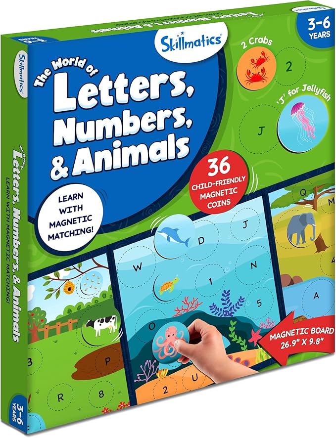 Skillmatics Magnetic Matching Activity - Letters, Numbers & Animals, Preschool Learning Toy & Game for Kids, 35+ Magnetic Pieces, Gifts for Boys & Girls Ages 3, 4, 5, 6