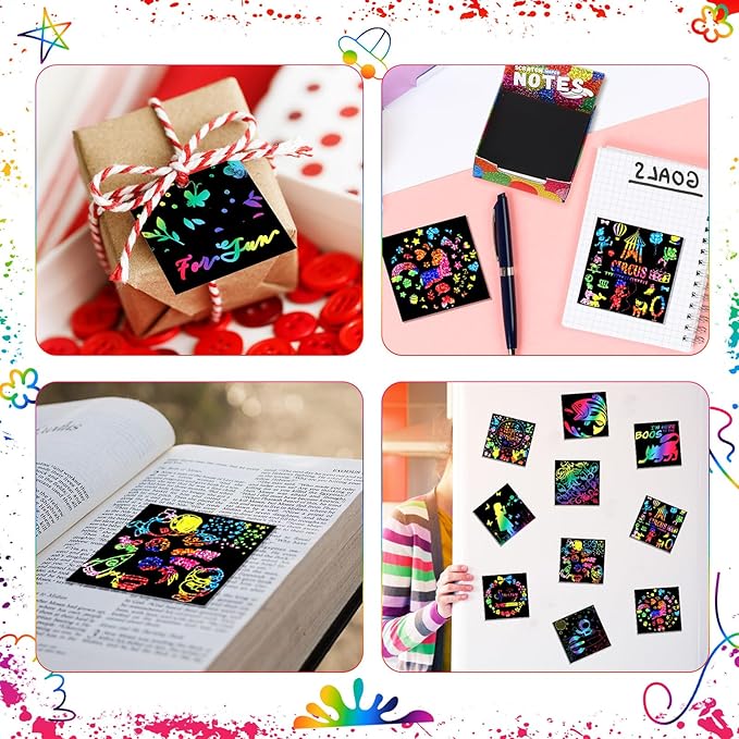 Lenwen 500 Pack Scratch Cards Rainbow Note Scratch Card with 20 Bamboo Stylus for Kids Paper DIY Paper Craft Kits Birthday Party Favors Supplies (Rainbow Mix,500)