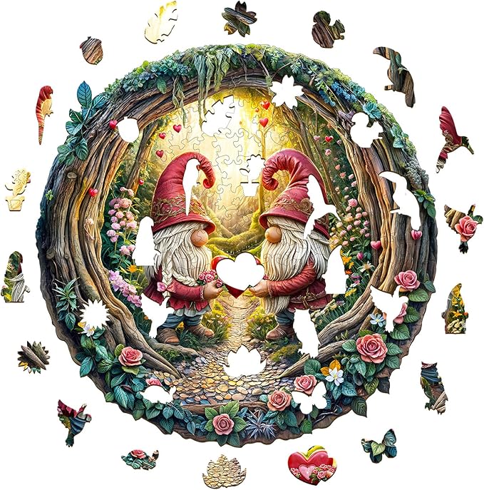 KAAYEE Wooden Puzzles for Adults, Gnome Couple Wooden Jigsaw Puzzle, 455 PCS Unique Shape Wood Puzzles Adult, 3D Visual Effect Flat Puzzle Birthday Family Games (XL-17.3 * 17.3in)