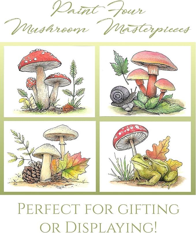 Mushroom Watercolor Kit – 4 Painting Projects for Pro Artists, Beginners, or Groups – Includes Premium Paper, Paint, Brush & Guide – Perfect for Travel or Home DIY Art