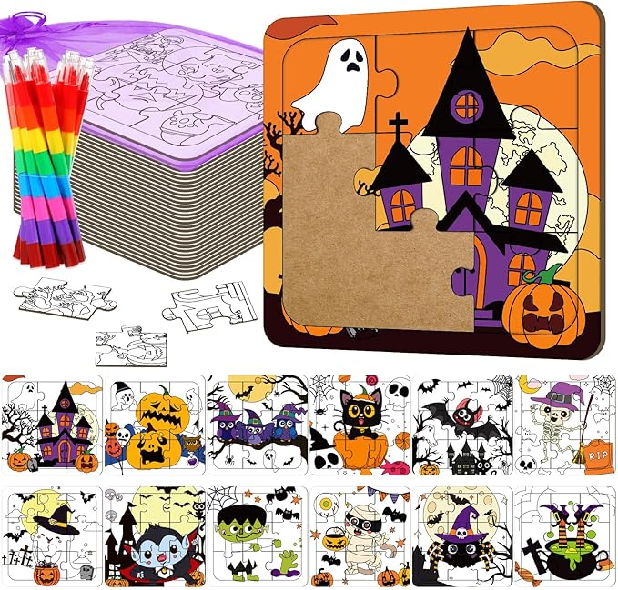 12 Sets Puzzles Color Your Own Puzzles DIY Jigsaw Crafts with 12 Stackable Crayons and 12 Bags for Learning Education Toys Gifts Prizes Birthday Party Supplies (12, Halloween)