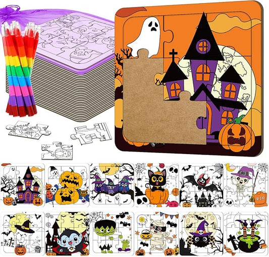 12 Sets Puzzles Color Your Own Puzzles DIY Jigsaw Crafts with 12 Stackable Crayons and 12 Bags for Learning Education Toys Gifts Prizes Birthday Party Supplies (12, Halloween)