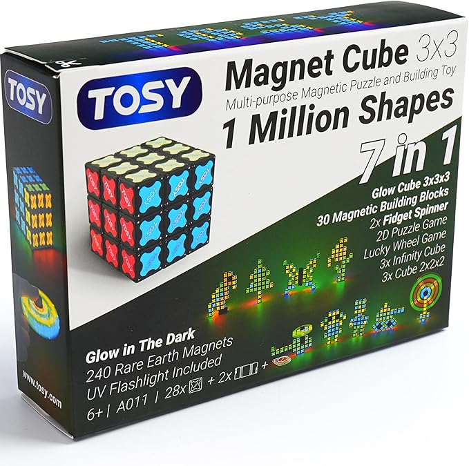 TOSY Magnet Cube 3x3 - 240 Magnets, 30 Blocks, 7in1 Toy: Puzzle Cube Game, Creative Building Blocks, Transformable Fidget Spinner, Infinity Cube, Magnet Tiles, UV Flashlight, Glowing STEM/STEAM Toy