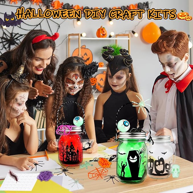 Letapapa Halloween Crafts for Kids, 4 PCS Mason Jar with Accessories for DIY Craft, Art Party Favor Supplies, Halloween Decoration Trick or Treating, Classroom Art Activities