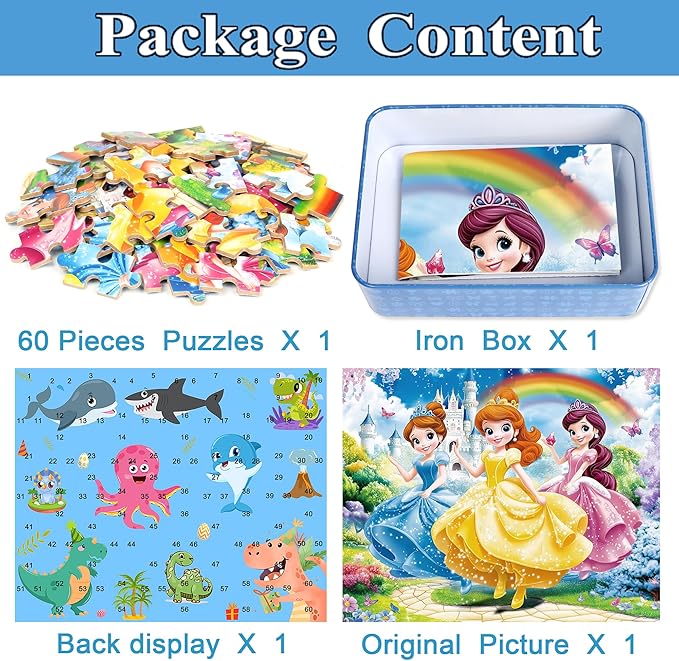 Princess Puzzles for Kids Ages 4-8, 60 Pieces Jigsaw Puzzles for Kids Ages 3-5 Puzzle for Girls and Boys Learning Educational Puzzles Toys in a Metal Box