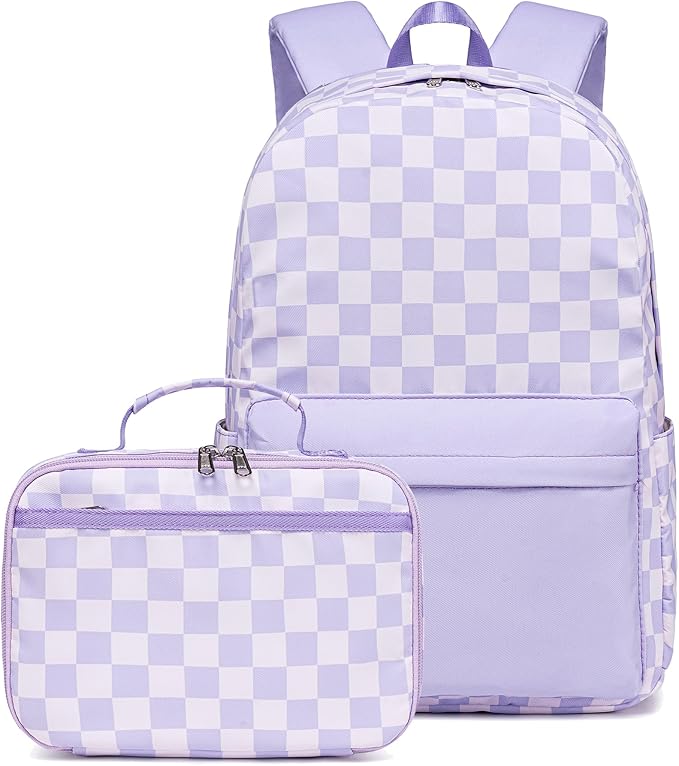 LEDAOU Kids School Backpack with Lunch Box for Girls Kindergarten BookBag School Bag Preschool Toddler Backpack (Purple Checkered)