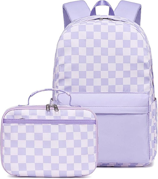 LEDAOU Kids School Backpack with Lunch Box for Girls Kindergarten BookBag School Bag Preschool Toddler Backpack (Purple Checkered)