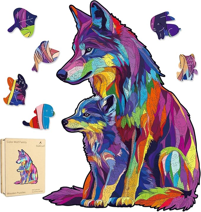 Wooden Puzzles for Adults, 5MM 500 Pieces Color Wolf Family Wooden Jigsaw Puzzles, Animal Puzzle Unique Shaped Gifts for Adults and Kids on Thanksgiving, Christmas Family Puzzle Games (14.7"*19.6")