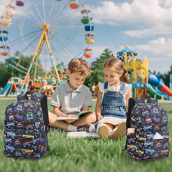 LEDAOU Kids School Backpack with Lunch Box for Boys Girls Kindergarten BookBag School Bag Preschool Toddler Backpack (Monster Truck Black)