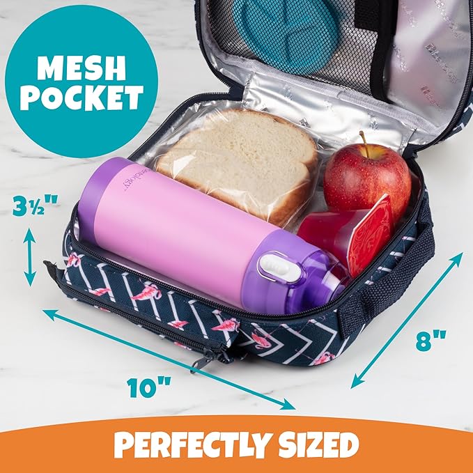 Kids Insulated Lunch Box w Snack Pocket & Expandable Water Bottle Holder For Girls- Waterproof Lunchbox Tote Keeps Food Hotter or Colder Longer - Reusable Back to School Bag Fits Most Bento Containers