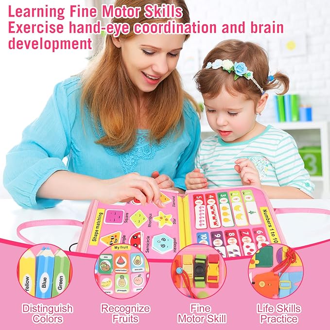 Montessori Busy Board - Ideal Busy Book Toddler Toys & Gifts for Boys & Girls, Toddler Travel Essential for Airplane & Car, Sensory Toys, Great for Baby Gifts for Girls