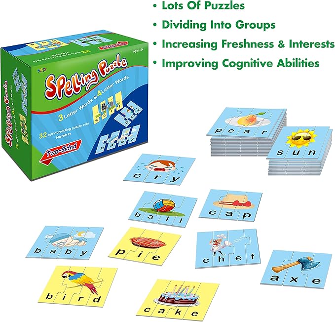 72 Word Spelling Puzzles with Error-Correction Mechanism in 3 and 4 Pieces, Perfect for Preschool Learning (36 Blocks Double Sided)