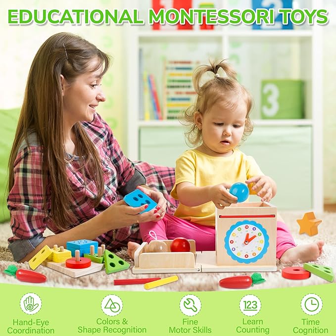 JUSTWOOD Montessori Toys for 1+ Year Old, 8-in-1 Wooden Play Kit Includes Object Permanent Box, Learning Activity Cube, Sorting & Stacking Toy, Carrot Harvest Game, Gift for Boys Girls Age 12+ Months