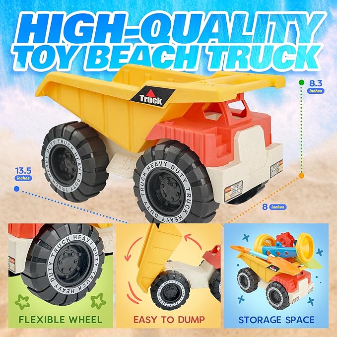 SMILESSKIDDO Beach Toys - Beach Dump Truck, Kids Sand Set with Sand Truck, Water Bucket, Shovel, Molds & Mesh Bag, 12Pcs Sandbox Toys for Toddlers 1-3, 4-8