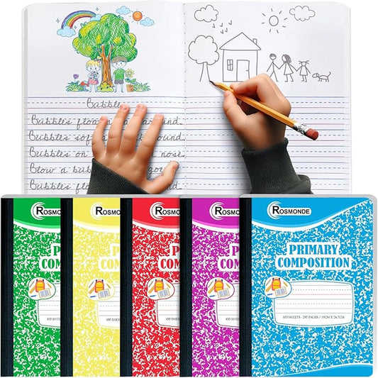 Composition Notebook 5 Pack, Grades K-2 Primary Ruled, 200 Pages (100 Sheets), Draw and Write Journal for Kids, 9-3/4" x 7-1/2", Primary Composition Notebooks, Hard Cover, Assorted Colors