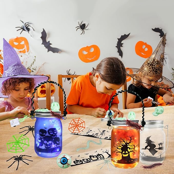 Letapapa Halloween Crafts for Kids, 8 PCS Mason Jar with Accessories for DIY Craft & Art Party Favor Supplies, Halloween Decoration Trick or Treating, Classroom Art Activities