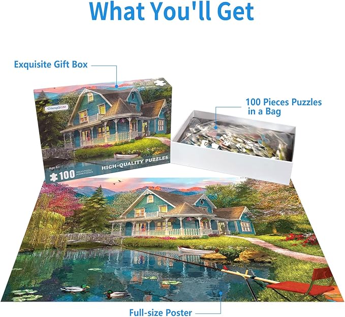 100 Piece Puzzles for Kids Summer House 100 Piece Puzzles for Adults, Mountain Villa Landscape 100 Pieces Puzzle for Kids Ages 4-8, Mountain Cottage Oil Painting Puzzle for Seniors Teens