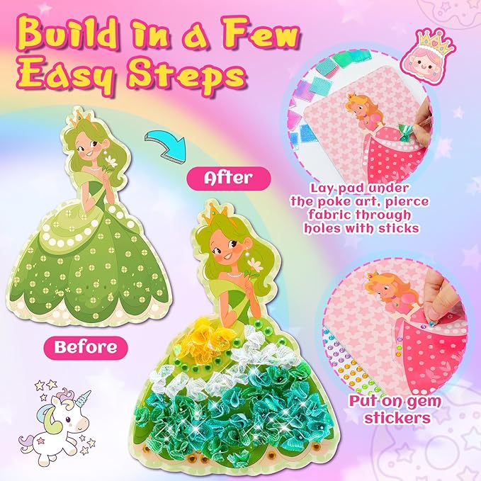 CrispPlay Princess Unicorn Girl Toys, Crafts for Kids Ages 4-8 8-12, 9pcs Poke Art Craft Kits for 4 5 6 7 8 9 Year Old Girls Birthday Christmas Gifts, DIY Kids Creative Activity, Mess Free