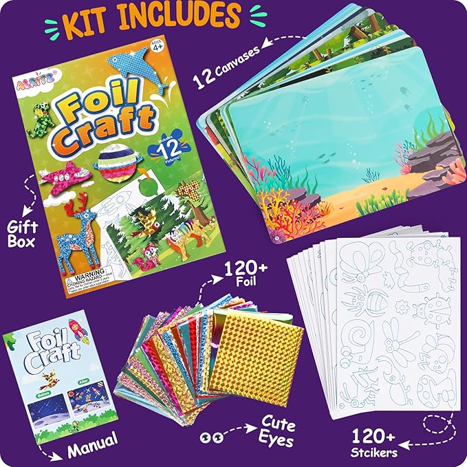 Alritz Arts and Crafts,Foil Crafts Fun Kit, Art Kit Toys for Kids Animals Space Cars, Foil Stickers Supplies,Travel Toys DIY Christmas Gifts for Girls Boys 4 5 6 7 8 9 10 11+ Years Old (12 Theme)