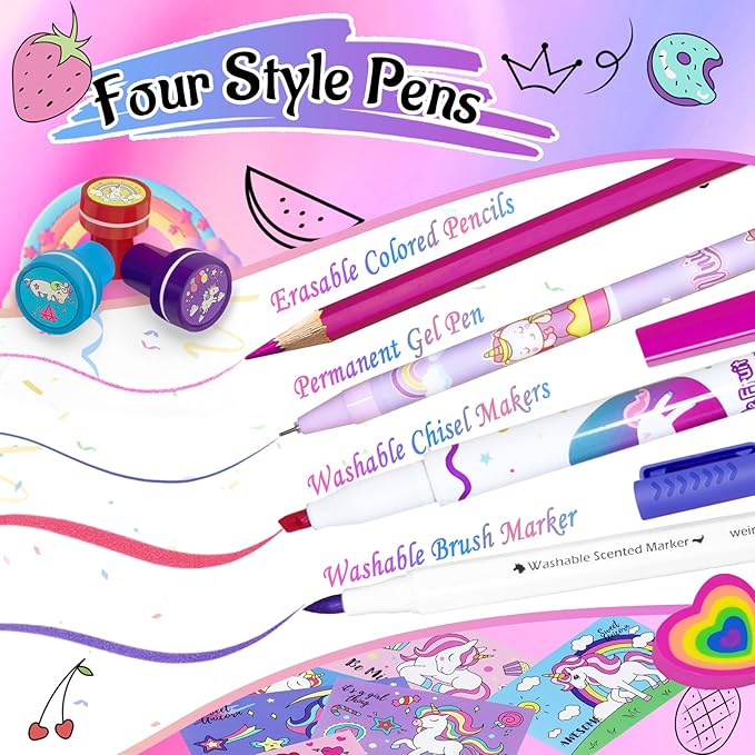 56 PCS Washable Scented Markers Set with Glitter Pencil Case, Mermaid Unicorn Arts and Crafts for kids 4-6-8 Kids Coloring Drawing Kits for 4-8 Years Old Girls Birthday Gifts