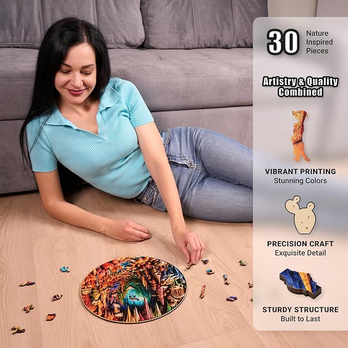 LEOGOR Wooden Jigsaw Puzzles for Adults 200 Pieces (11.6 × 11.5 in), Cave Puzzle, Extra-Thick 5mm Wood, Round 3D Mosaic Design, Unique Animal Shapes, Relaxing Artistic Gift for Adults and Teens