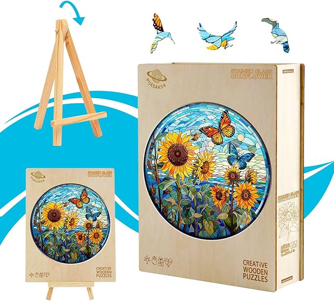 Wooden Puzzles for Adults - Glass Sunflower Wooden Puzzle, Unique Shaped Wood Jigsaw Puzzles for Adults, Wood Puzzles Adult, Perfect for Birthday Gift, Family Puzzle, 300 Piece 13.4 x 13.4in, Large